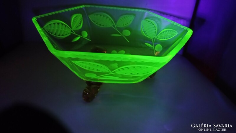 Vintage green glass bowl, decorative old phosphorescent glass plate