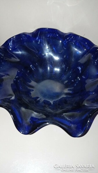 Blue glass bowl with iridescent effect, old large plate, serving table runner