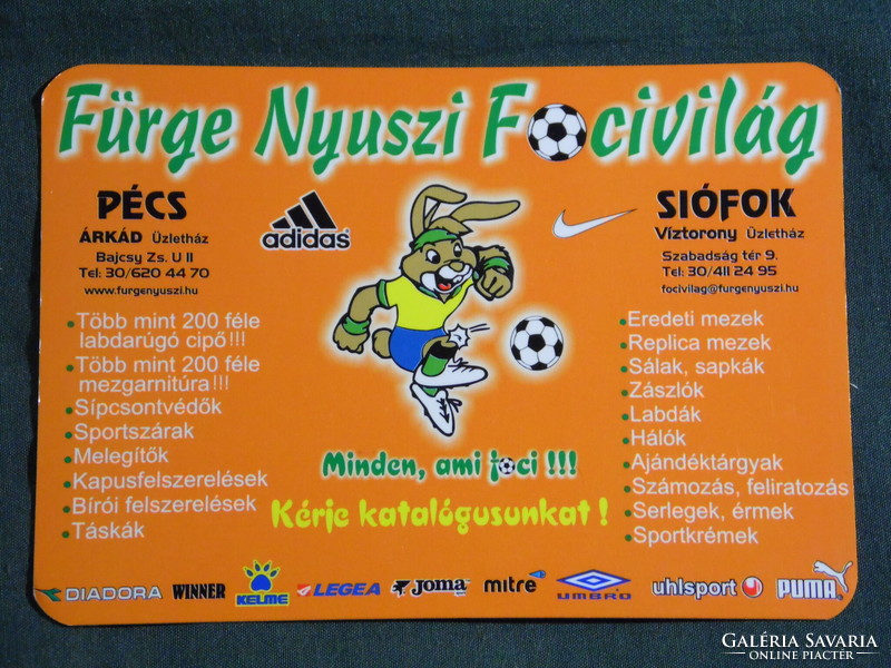 Kártyanaptár, Fürge nyuszi focivilág sportbolt,Pécs, grafikai rajzos,reklám figura,nyúl, 2006, (6)