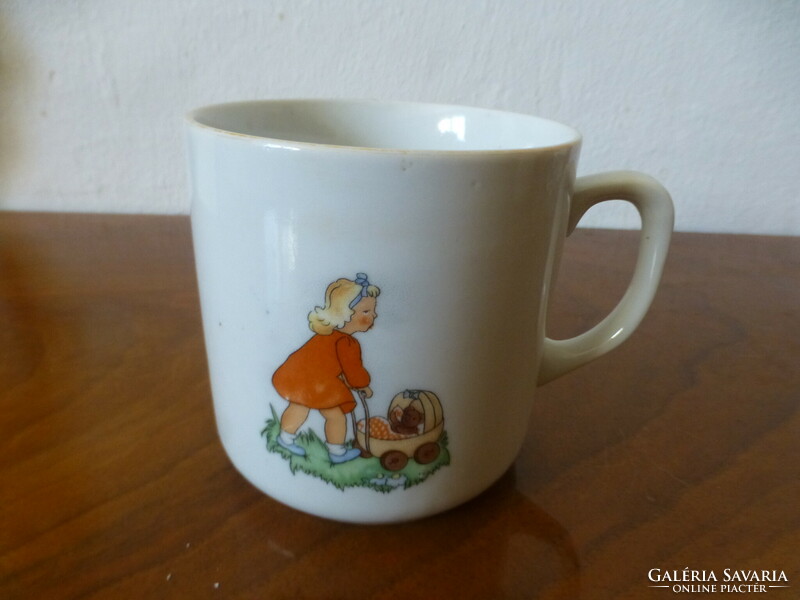 Zsolnay antique story mug. A little girl with a teddy bear in a pram and a little girl with a watering can