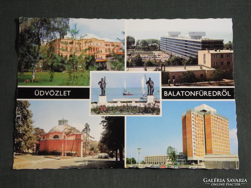 Postcard, Balatonfüred, mosaic details, round church, beach sculpture, sailing, hostel, hotel, sanatorium