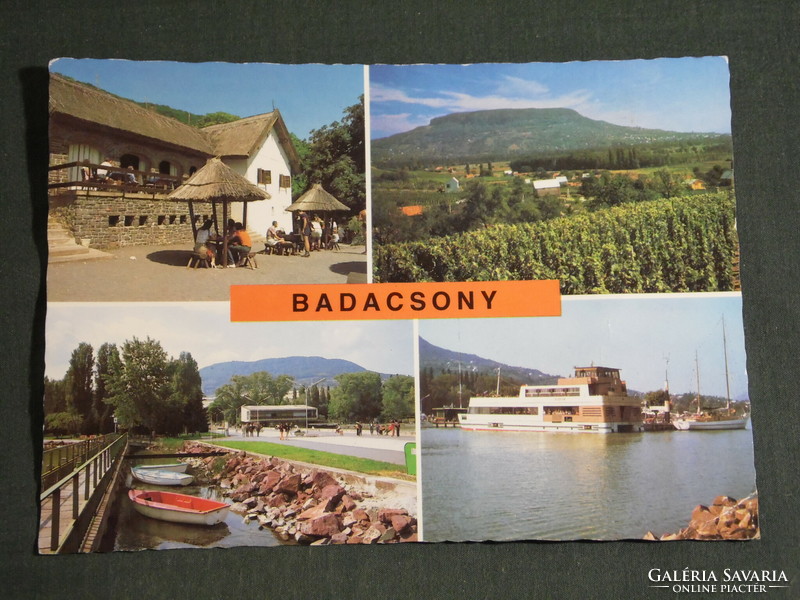 Postcard, Badacsony, mosaic details, small village house, wine bar, view, harbor, Siófok catamaran ship