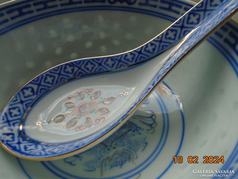 Dragon-pattern rice bowl with spoon, symbols of long life and wisdom, with golden decorative strip