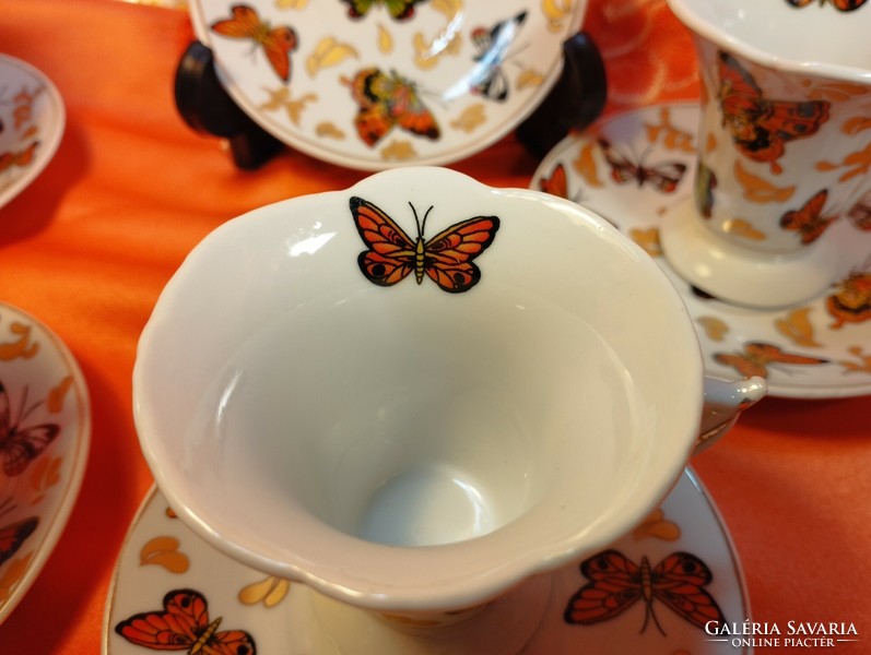 Gyönyörű pillangós porcelán kávés csésze aljjal, 4 pár+ 2 alj
