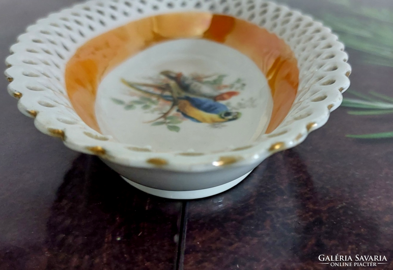 Antik Bavaria Schumann Arzberg ovális áttört szélű  porcelàn asztalközép,kínáló tál, papagáj,madaras