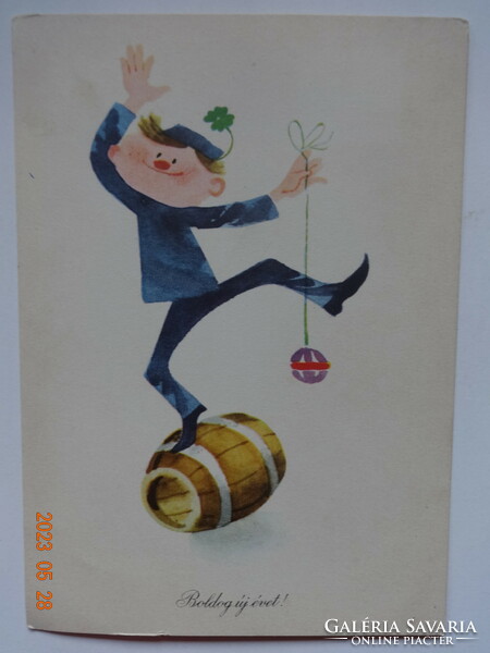Old graphic New Year's greeting card, postal clean - solid winning drawing