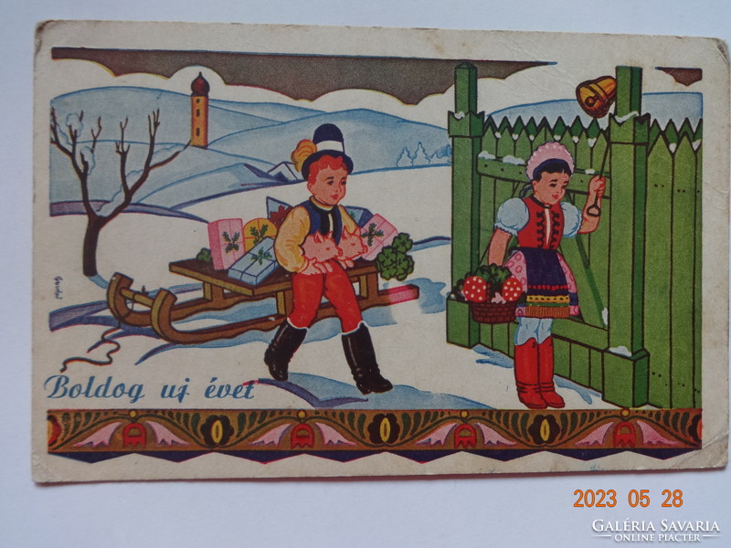 Régi grafikus újévi üdvözlő képeslap - gyerekek népviseletben, szánkóval