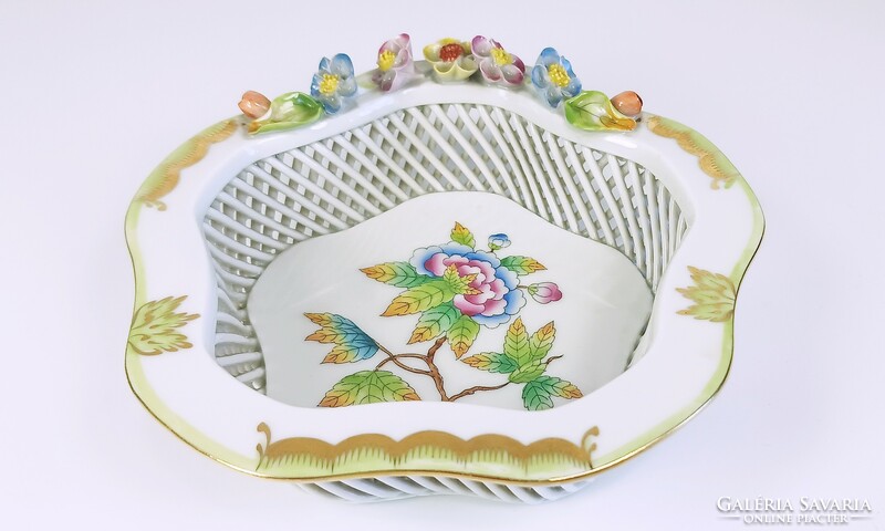 Herendi, openwork basket with viktória (vbo) pattern, hand-painted porcelain, flawless! (B161)