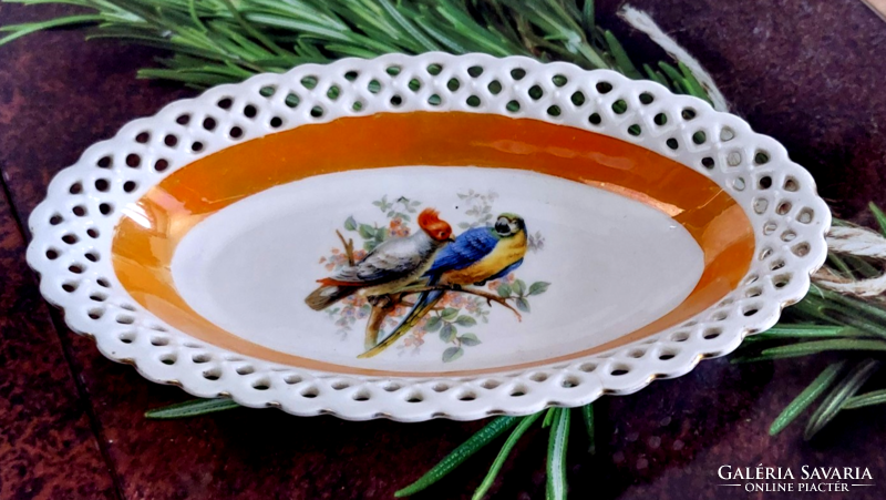 Antique bavaria schumann arzberg oval openwork porcelain centerpiece, serving bowl, parrot, bird