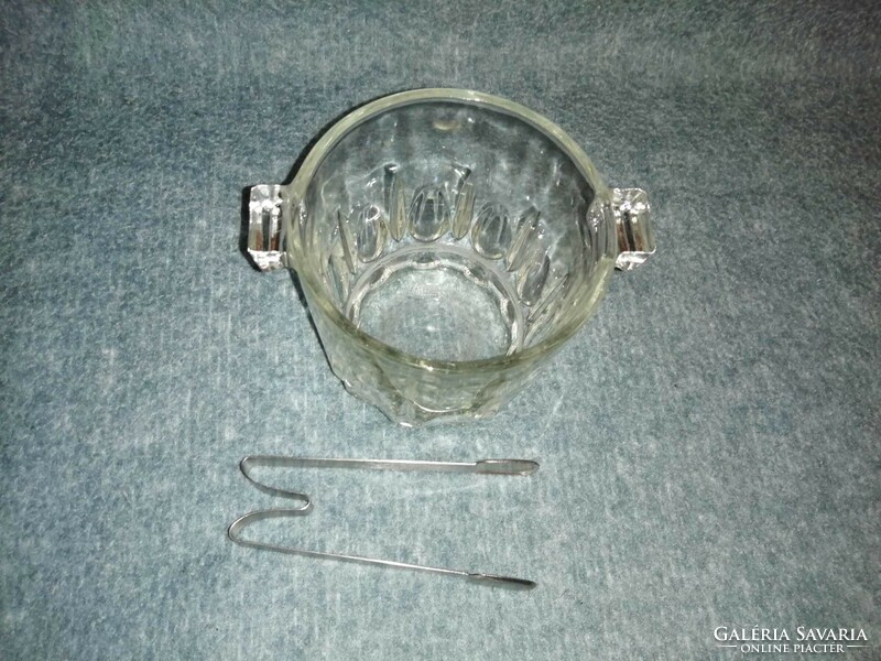 Retro üveg jeges vödör fém csipesszel (A9)