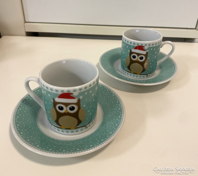 From the owl collection, 2 owl-patterned mocha coffee cups + saucers, new