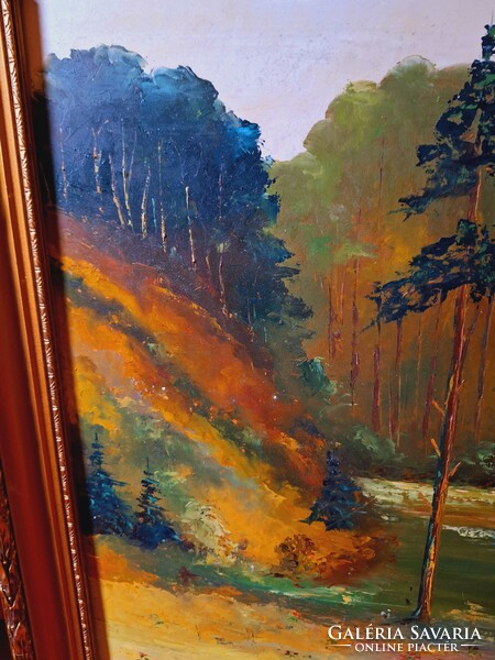 Szombathelyi festő-ifj GERENCSÉR FERENC (1928 - ?) PATAKPART 1980k olaj/farost 85x63 cm fa keretével