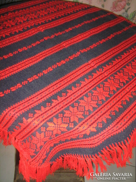 Beautiful folk art black red woven fringed tablecloth