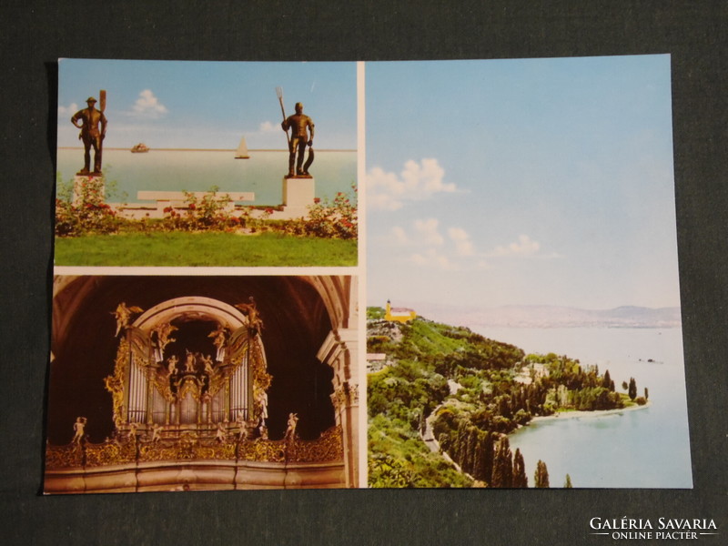 Postcard, Balatonfüred, Tihany, mosaic details, Révés fisherman statue pair, church, view
