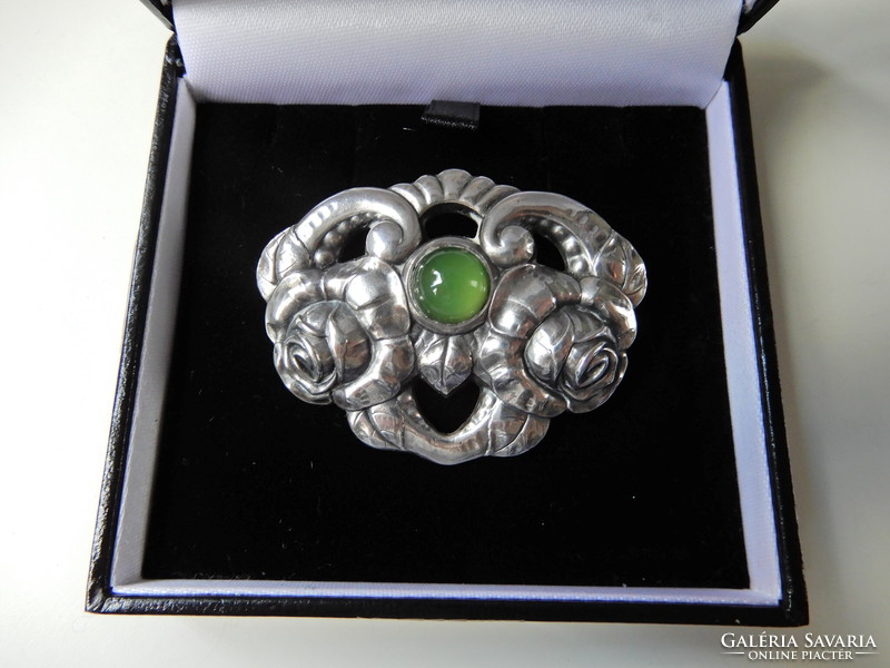 Antique German Andreas Odenwald Jugendstil silver brooch with jade stone