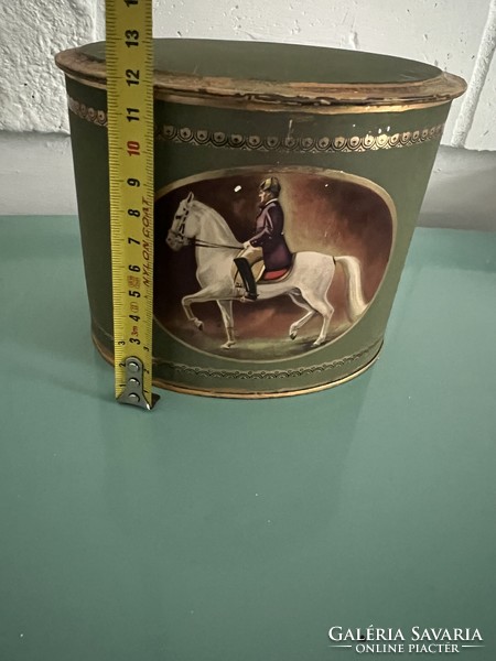 Old equestrian metal box coffee can