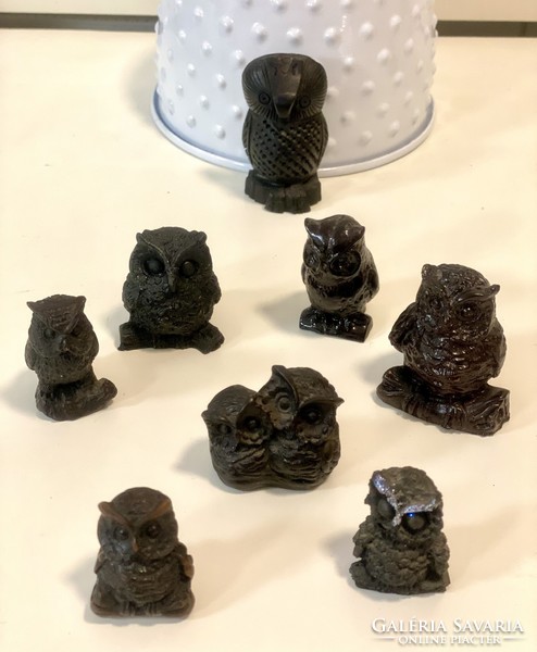 From the owl collection, 8 black resin owl figurines for collectors, 4-5 cm