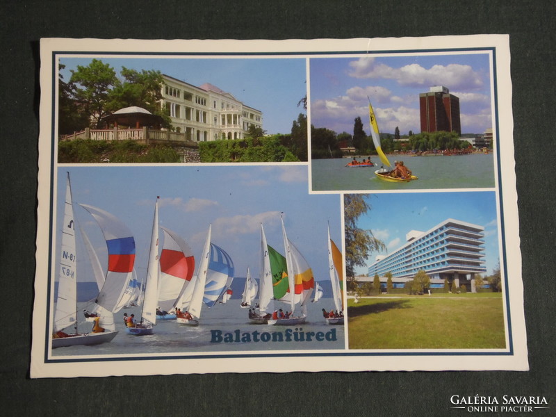 Postcard, Balatonfüred, mosaic details, heart hospital, hotel, hostel, sailing ship, view