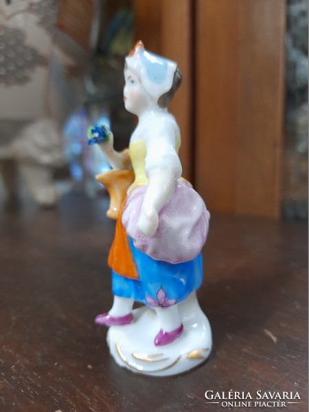 Alt Wien Ausztria,Kézi Festésű,Virágkosaras Lány Mini,Kis Porcelán Figura.8.5 cm.