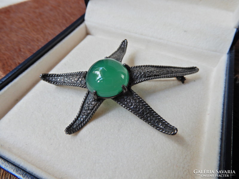 Old special large silver starfish brooch with chrysoprase stone