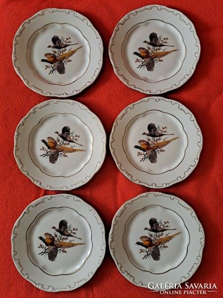 Rare! Zsolnay gold feathered, pheasant pattern cookie set 6+1