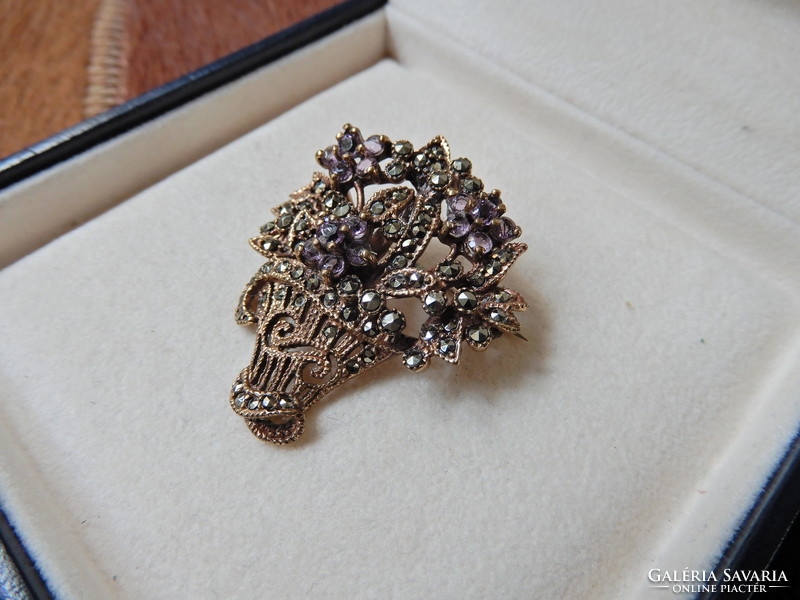 Old filigree gold-plated flower bouquet brooch with amethyst and marcasite stones