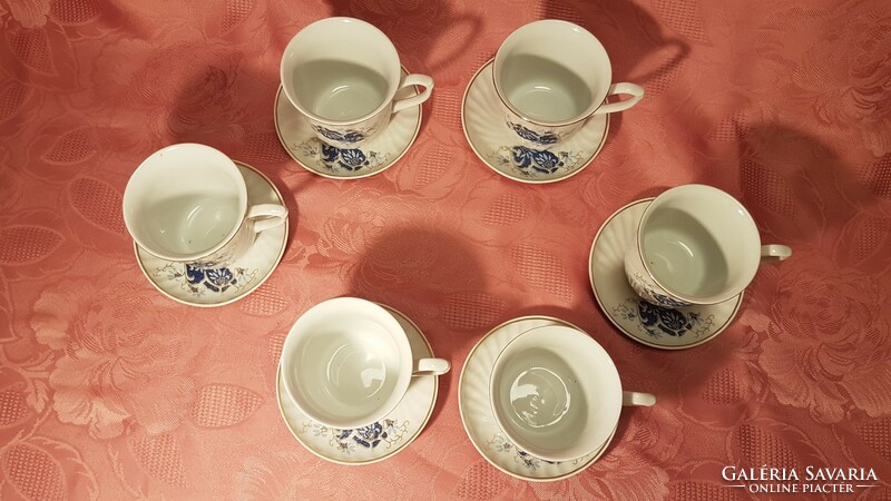 6 never used, blue painted, gilded porcelain mugs, 6 small plates with handles