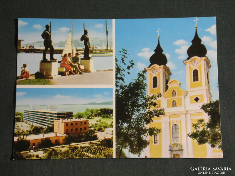 Postcard, Balatonfüred, mosaic details, hotel, Révés fisherman statue pair, church
