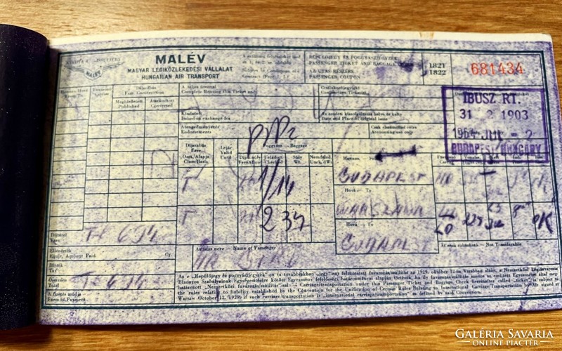 Old Malé flight ticket 1964 - Budapest-Warsaw-Budapest