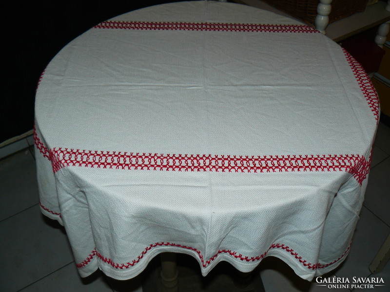 Charming antique hand-embroidered cross-stitch woven tablecloth