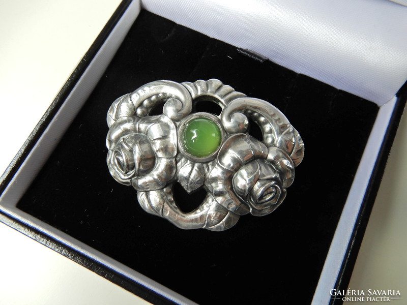 Antique German Andreas Odenwald Jugendstil silver brooch with jade stone