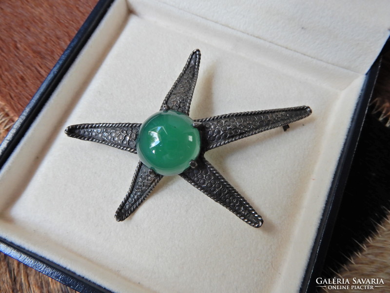 Old special large silver starfish brooch with chrysoprase stone