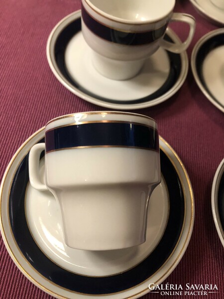 Hollóháza porcelain cobalt blue rim coffee cups with coasters, 5 pcs