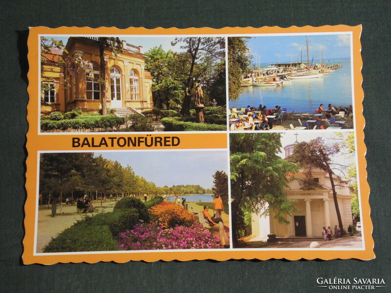 Postcard, Balatonfüred, mosaic details, Jóka memorial house, coastal promenade, harbor, circular church
