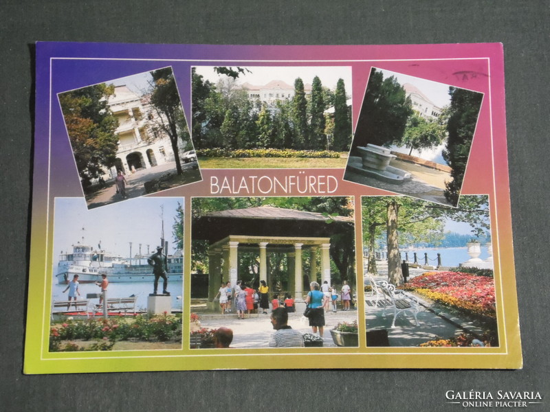 Postcard, Balatonfüred, mosaic details, heart hospital, port, pier, sour water source, coastal promenade