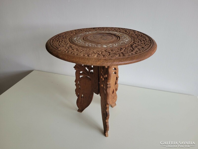 Régi faragott asztalka intarziás kerek asztal japán teázó lerakó