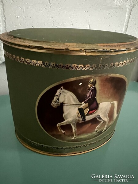 Old equestrian metal box coffee can