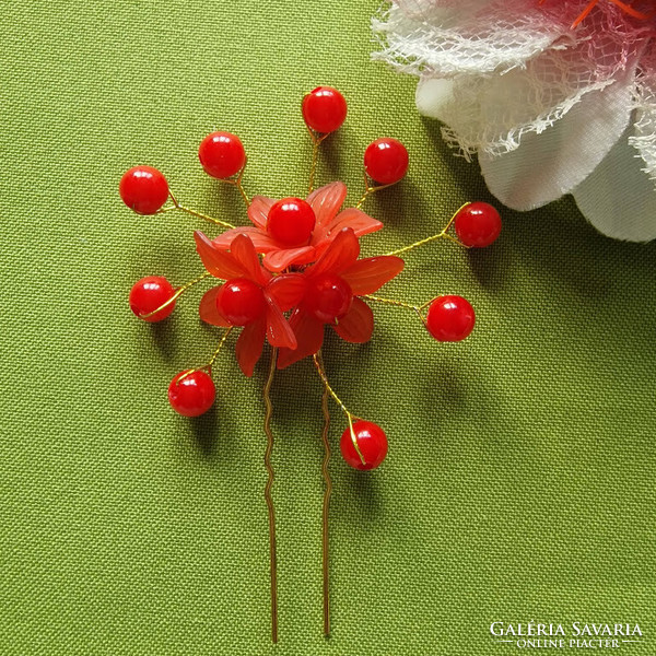 Wedding had135 - beaded floral red wedding hairpin, hair ornament