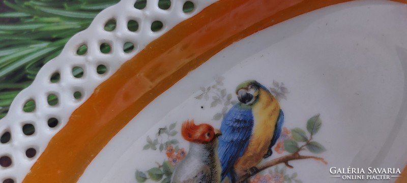 Antik Bavaria Schumann Arzberg ovális áttört szélű  porcelàn asztalközép,kínáló tál, papagáj,madaras