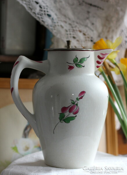 Antique French hand painted luneville jug with metal lid and integrated metal strainer, flawless