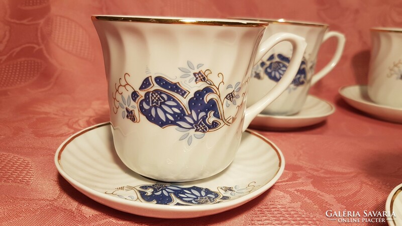 6 never used, blue painted, gilded porcelain mugs, 6 small plates with handles