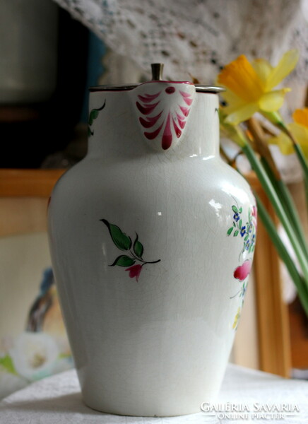 Antique French hand painted luneville jug with metal lid and integrated metal strainer, flawless