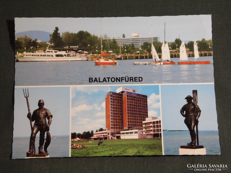 Képeslap, Balatonfüred,mozaik részletek,hotel,révész halász szoborpár,móló,kikötő,vitorlás hajó