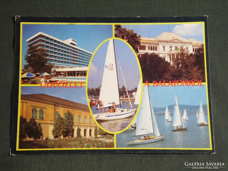 Postcard, Balatonfüred, mosaic details, heart hospital, hotel, hostel, sailing ship, view