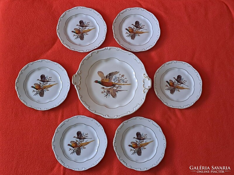Rare! Zsolnay gold feathered, pheasant pattern cookie set 6+1