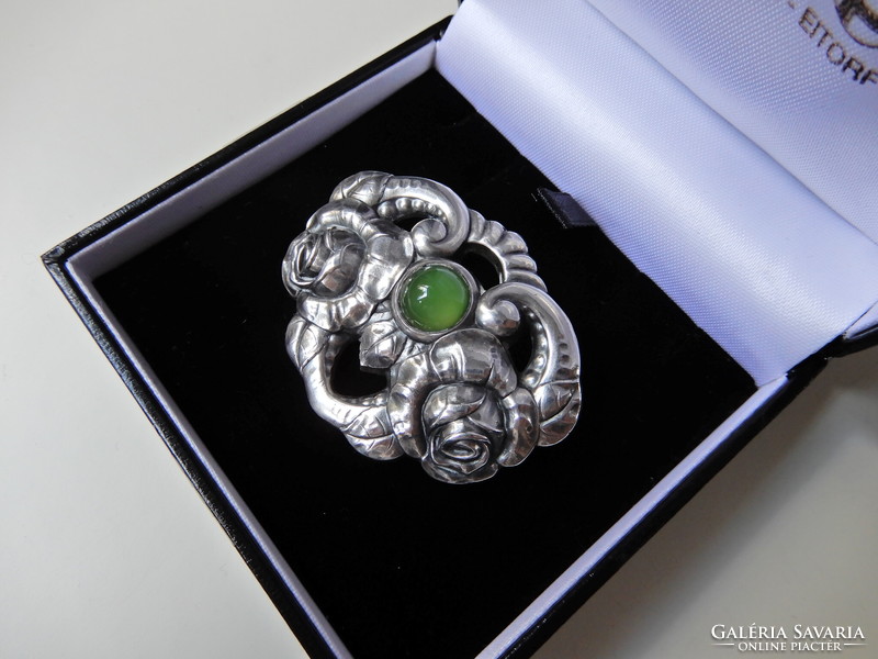 Antique German Andreas Odenwald Jugendstil silver brooch with jade stone