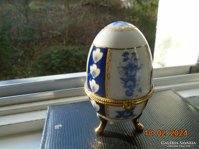 Kobalt arany kék rózsás porcelán tojás ékszertartó aranyozott lábacskákon
