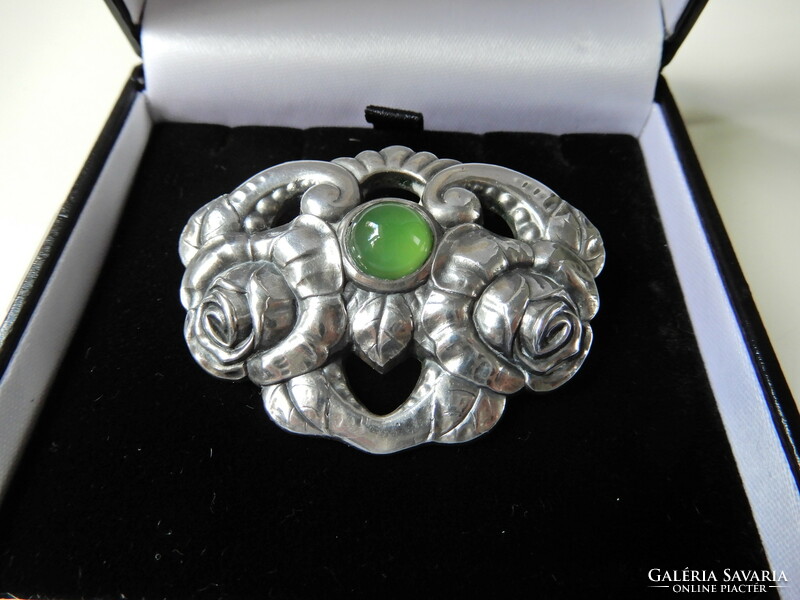 Antique German Andreas Odenwald Jugendstil silver brooch with jade stone