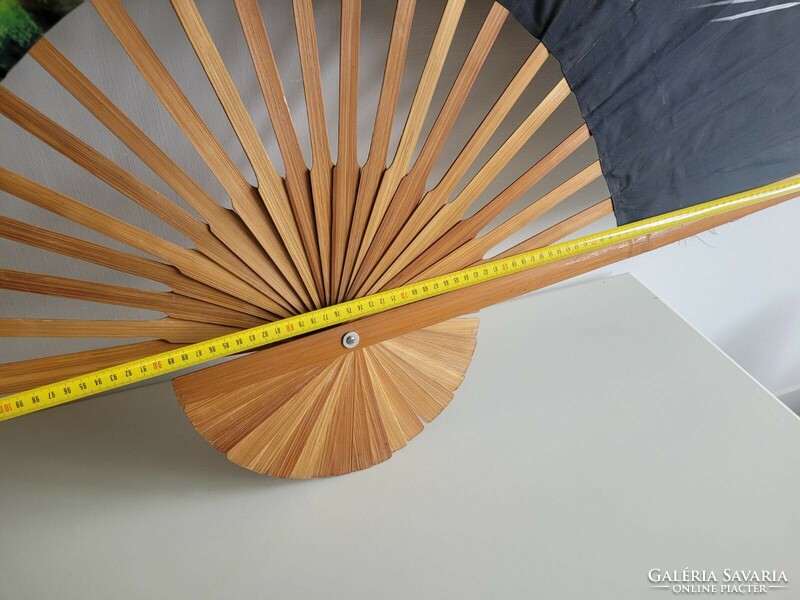 Régi keleti mintás bambusz legyező fekete japán falidísz dekoráció 150 cm