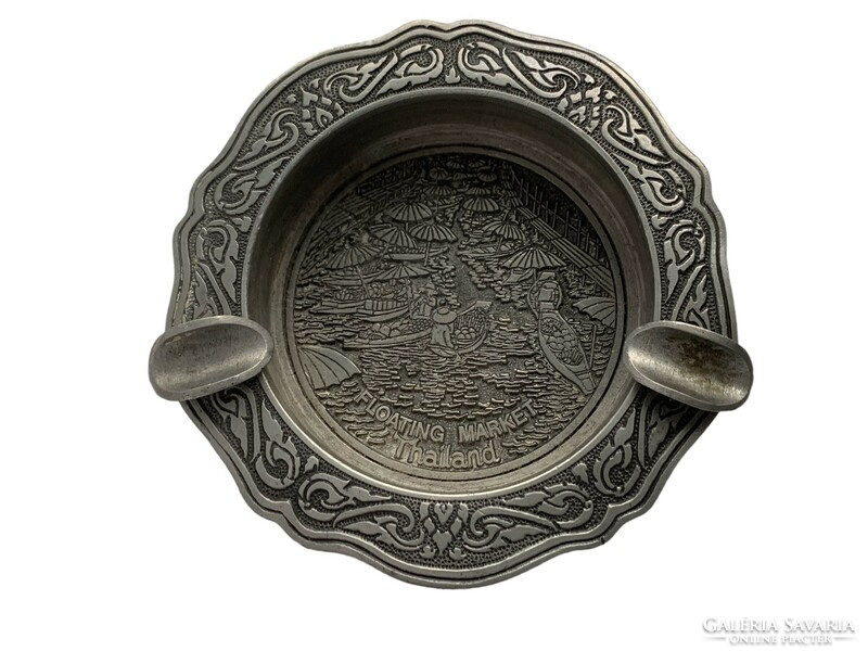 Vintage tin Thai ashtray with floating market inscription
